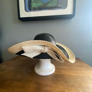 Vintage Black and neutral wide brim hat with fold and tie at back